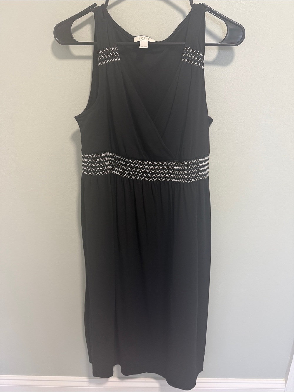 LOFT Black Midi Dress with White Zigzag Waist